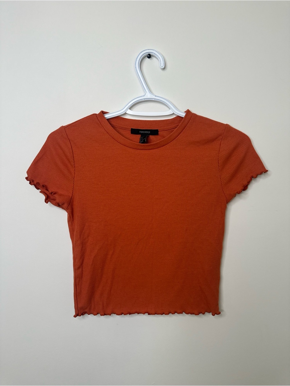 Forever 21 Rust Orange Ribbed Lettuce-Edge Short Sleeve Crop Top